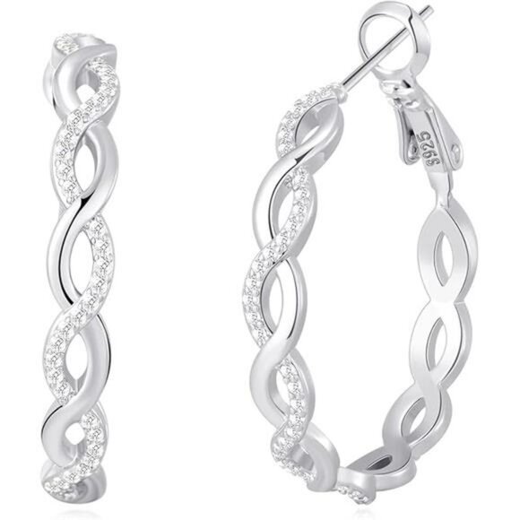Sterling Silver Twisted Hoop Earrings Cubic Zirconia Hypoallergenic Gift - Picture 7 of 7